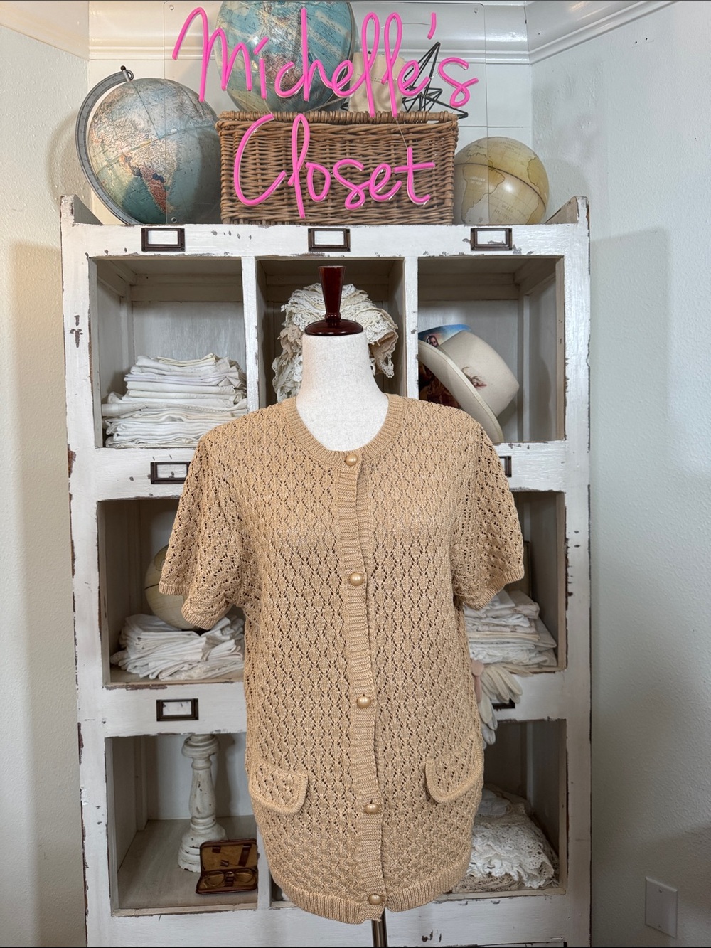 Beige Short-Sleeve Knit Cardigan Sweater